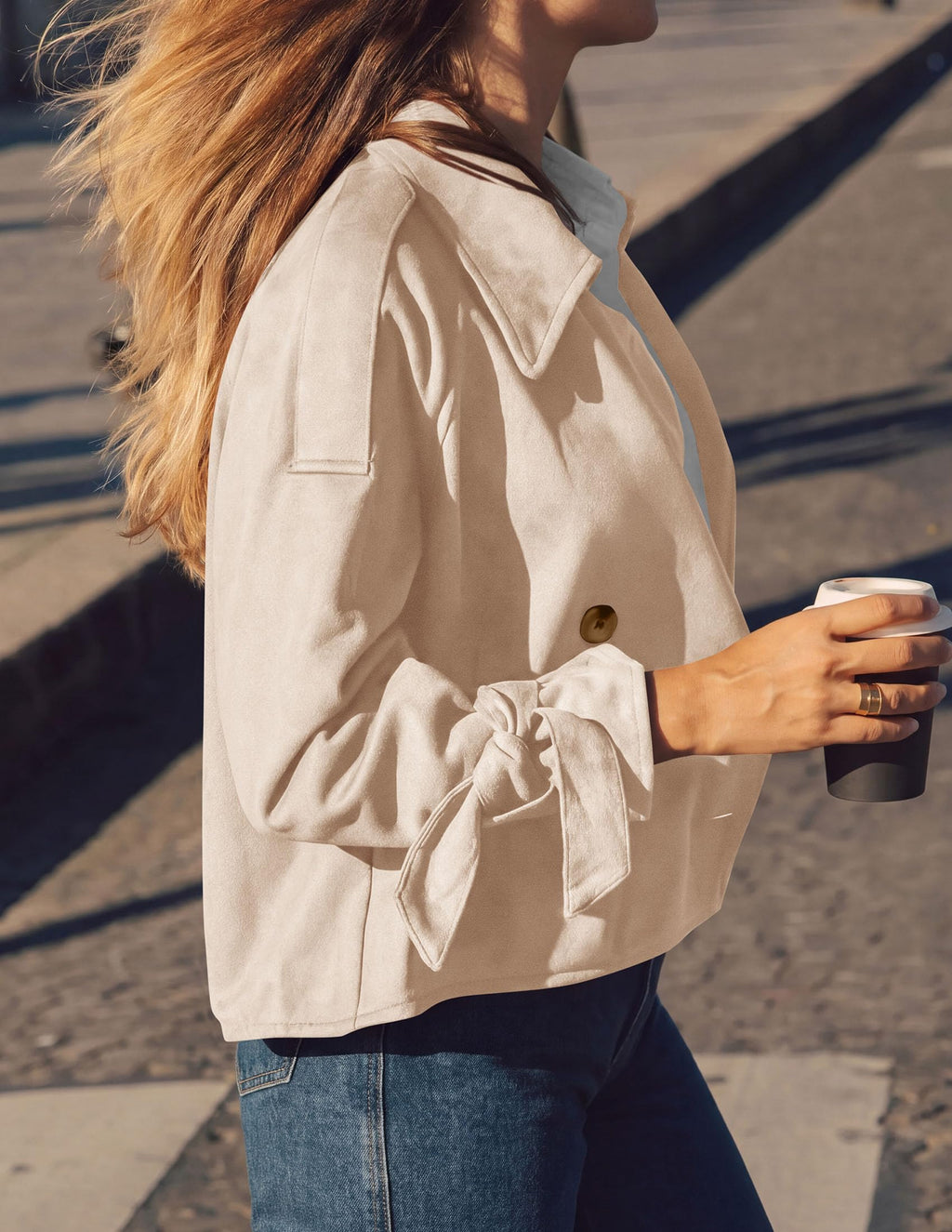 PRETTYGARDEN Women Faux Suede Double Breasted Trench Coat Cropped Jackets Raglan Long Sleeve,Lapel,Tie Cuff,Button Down,Fall Fashion Outerwear,Winter Clothes,Work Office Casual Short Jacket