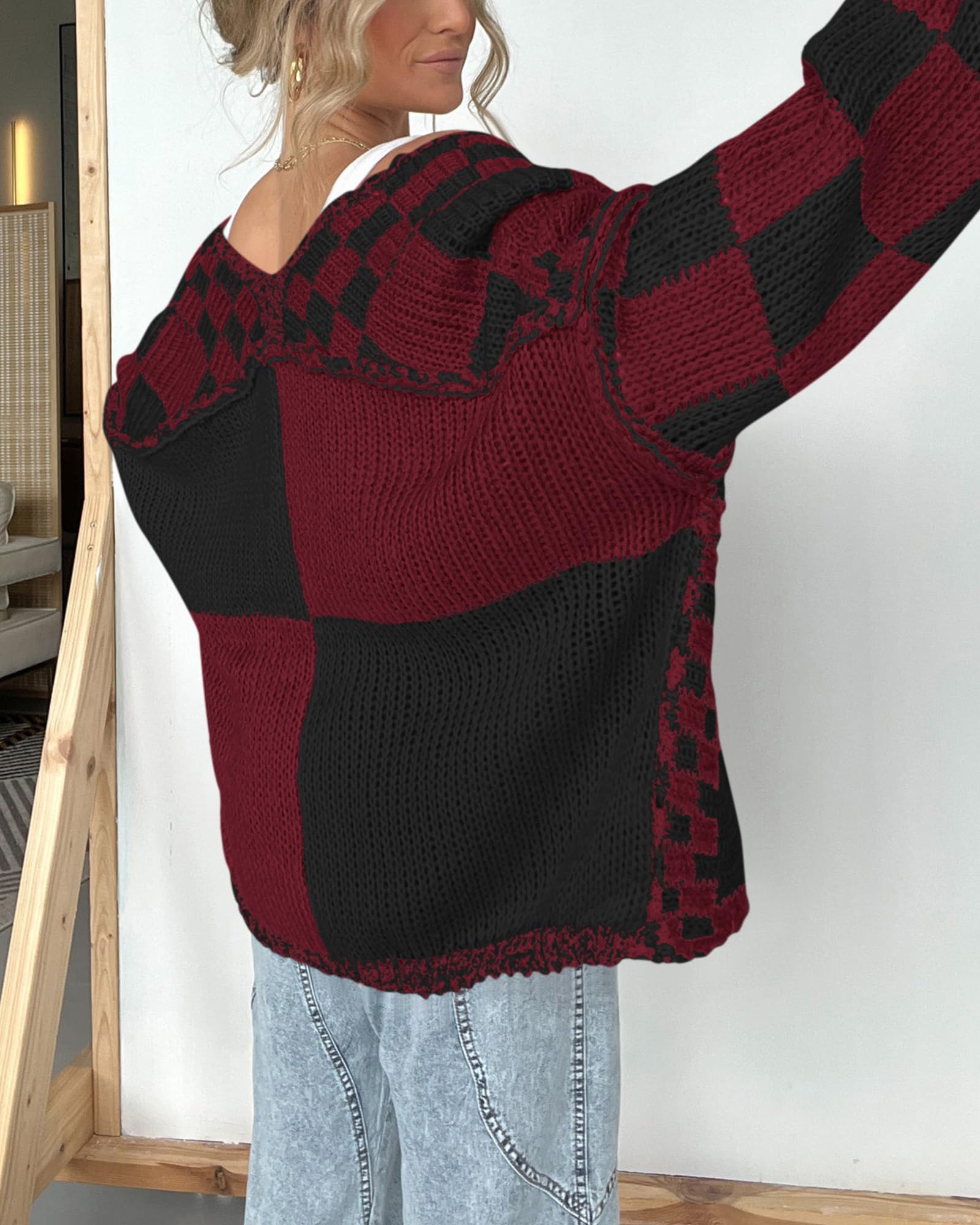 FreshPretty Casual Cardigan Sweater for Women Fall Long Sleeve Open Front Chunky Knit Sweaters Checkered Outwear Coat