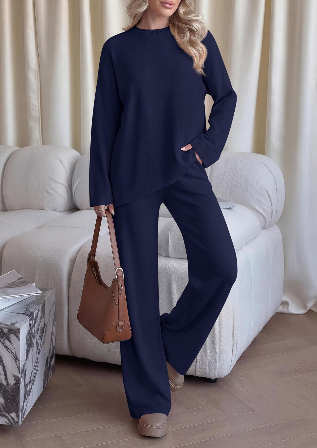 PRETTYGARDEN Womens Fall 2 Piece Asymmetric Cozy Sweater Travel Lounge Sets Crewneck Drop Shoulder Tops, Wide Leg Pants, Soft Casual Knit Matching Set,Vacation Airport Holiday Outfits