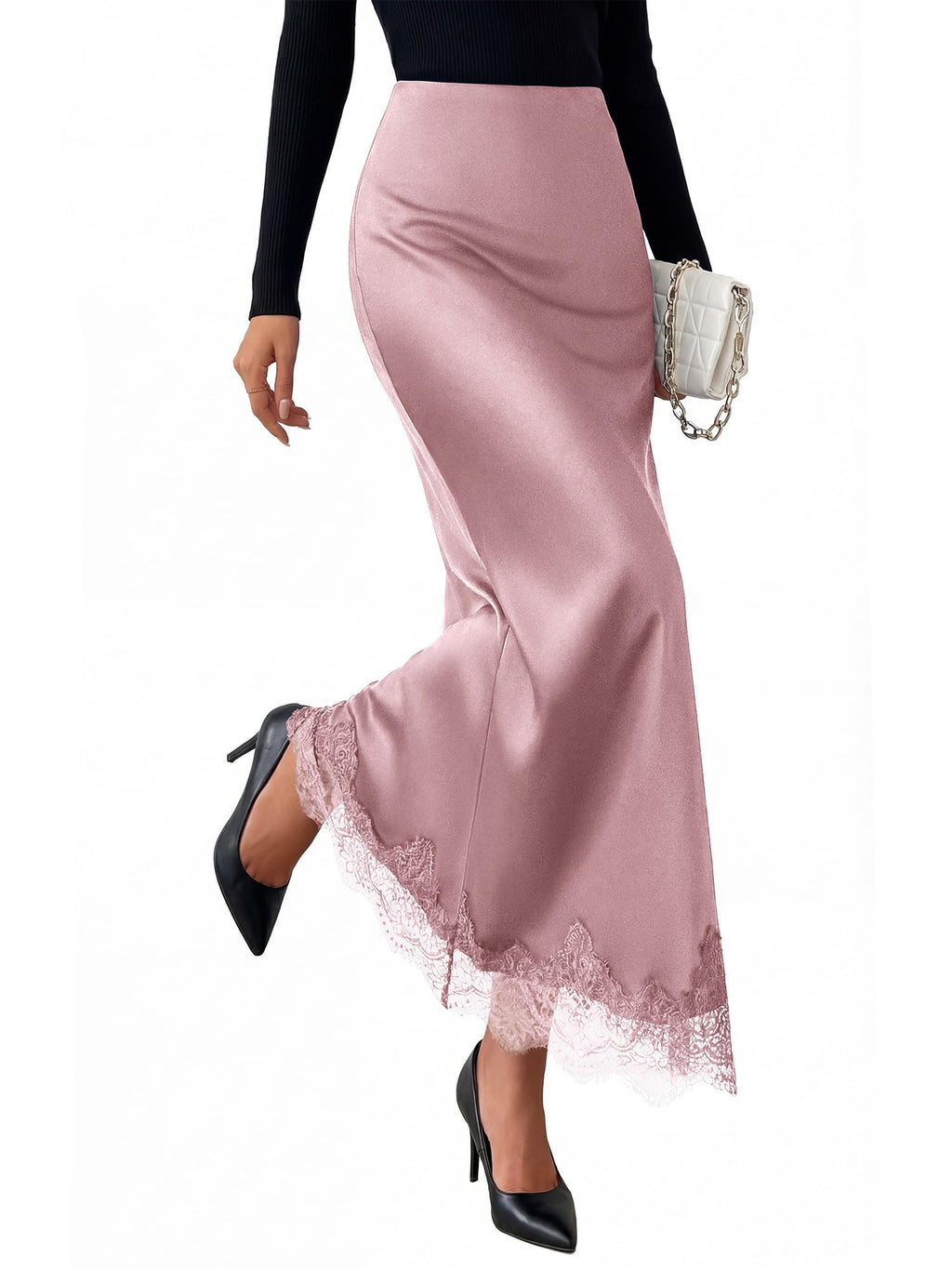 BTFBM Lace Trim Satin Skirts for Women Elegant | Lightweight, High Waist, A-Line, Flowy Maxi Skirt, Wedding, Cocktail, Graduation, Holiday Outfits, Fall Fashion Clothing