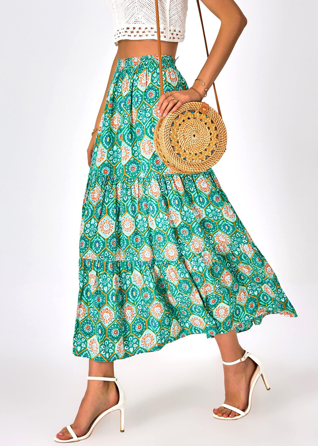 FreshPretty Women Summer Fall Boho Long Skirts Dress Floral Print Elastic Waist Split Ruffle High Low Beach Maxi Skirt