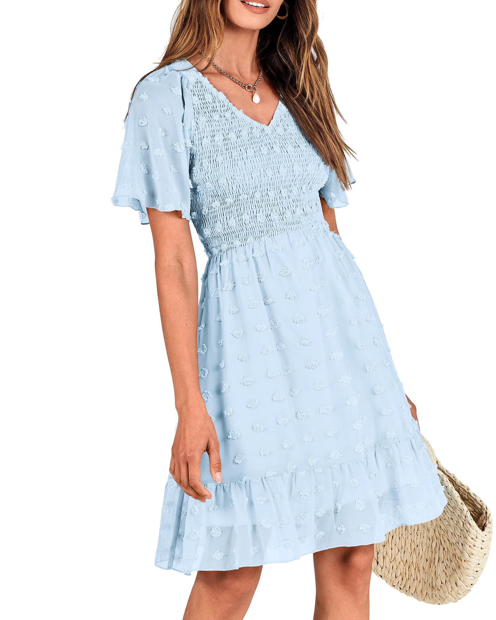 FreshPretty Womens Beach Vacation Dress Summer V Neck Short Sleeve Smocked Swiss Dot Cute Ruffle Casual Fall Mini Dresses