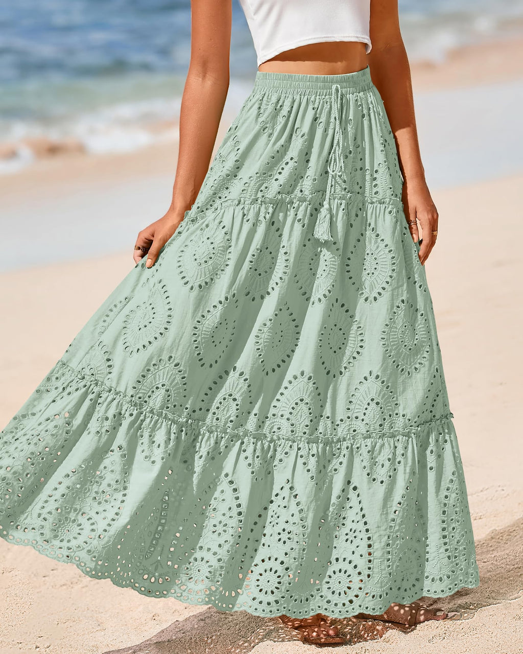 BTFBM Long Skirts for Women Summer Boho Lace Embroidery High Waist Flowy Tiered Spring Maxi Skirt Beach Vacation