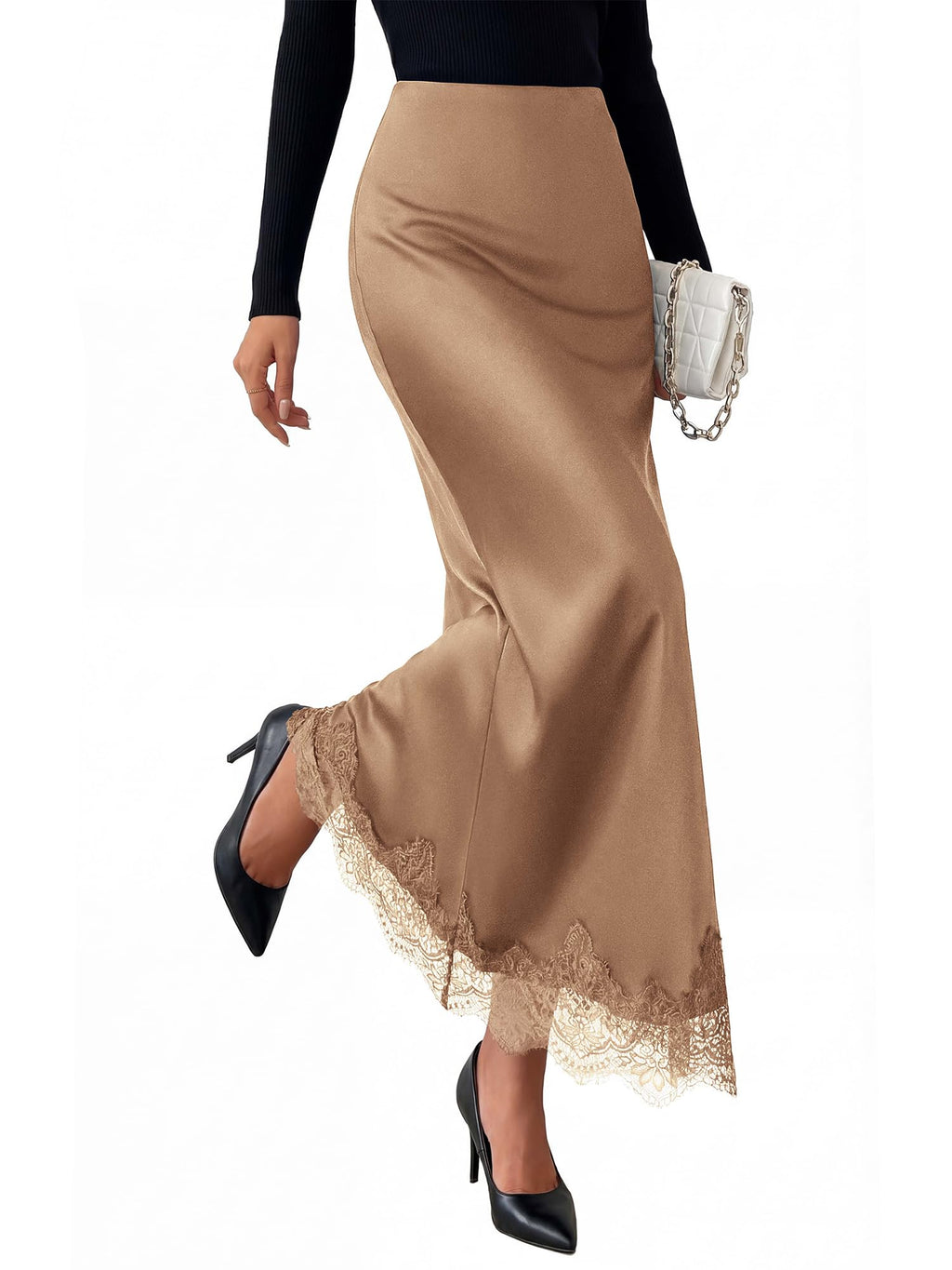 BTFBM Lace Trim Satin Skirts for Women Elegant | Lightweight, High Waist, A-Line, Flowy Maxi Skirt, Wedding, Cocktail, Graduation, Holiday Outfits, Fall Fashion Clothing
