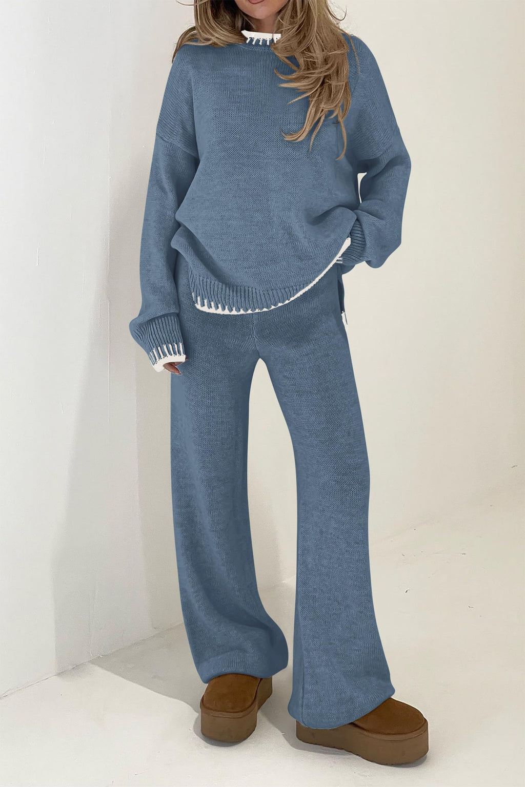 PRETTYGARDEN Women's 2 Piece Knit Sweater Outfit Casual Long Sleeve Pullover Wide Leg Pants Tracksuit Loungewear Set