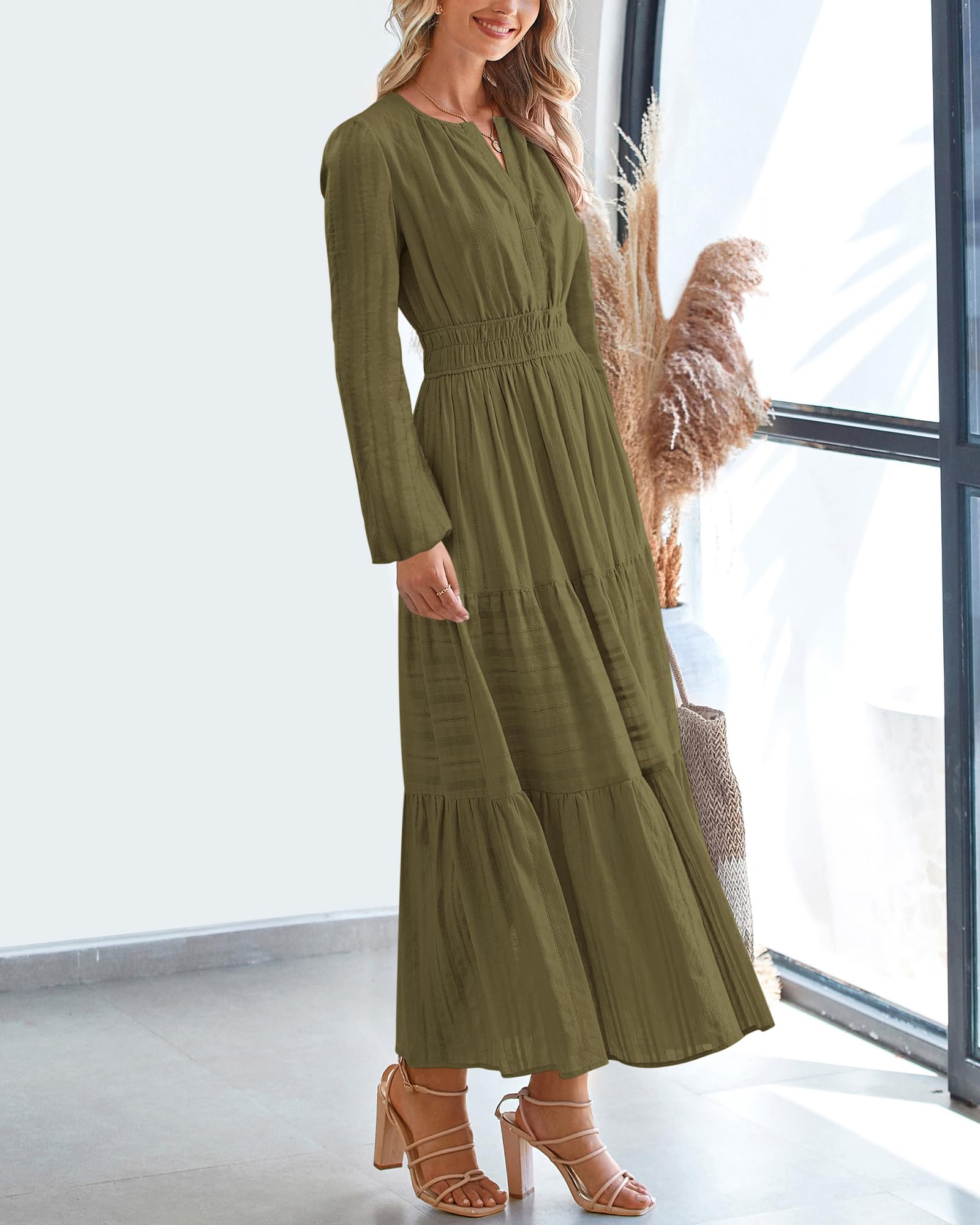 FreshPretty Fall Dresses for Women Casual Long Sleeve V Neck Elastic Waist Lightweight Maxi Wedding Guest Dress Pockets