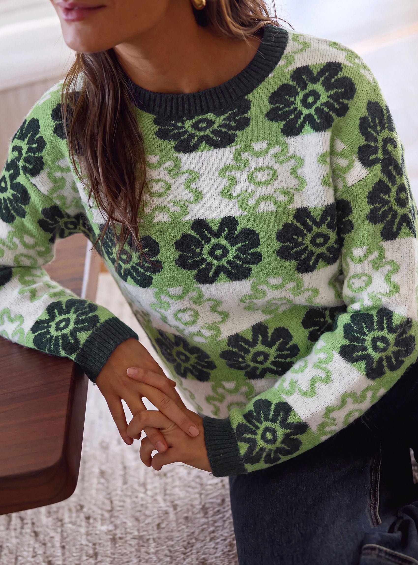 PRETTYGARDEN Women's Floral Crewneck Sweater Knit Pullover Loose Fit, Chunky Knit Sweaters Tops, Dressy Casual Work Vacation Holiday Outfits, Womens Fall Fashion, Winter Clothes