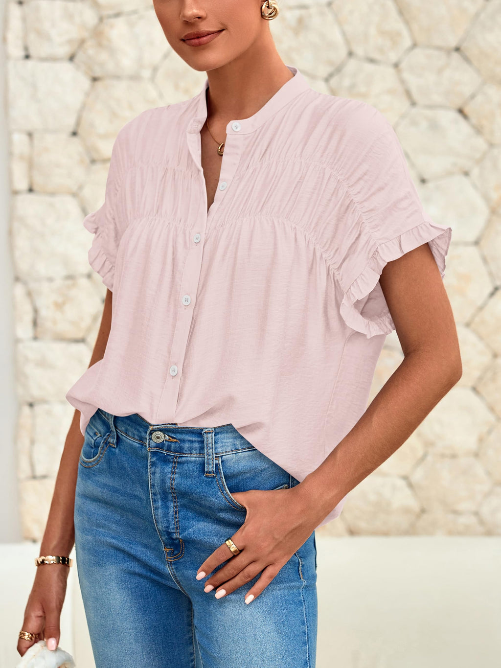 FreshPretty Womens Button Down Shirts Ruffle Short Sleeve Loose Summer Tops Dressy Casual V Neck Business Work Blouses