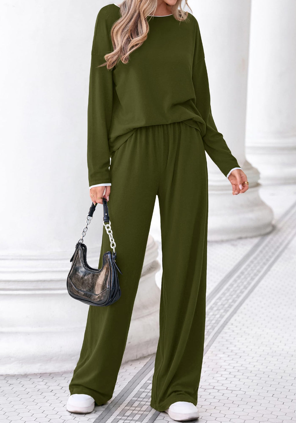 FreshPretty 2 Piece Matching Lounge Sets for Women Fall Outfits,Airport Travel Outfit,Postpartum Going Home,Cute Comfy Loungewear,Boat Neck Long Sleeve Top,Wide Leg Pants,Winter Clothes