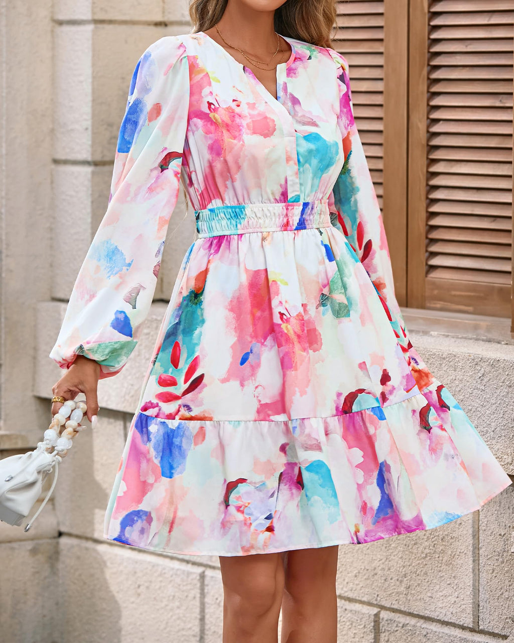 BTFBM Spring Dresses for Women Mini Long Sleeve Elastic Waist Summer Vacation Outfits Floral Wedding Guest Dress