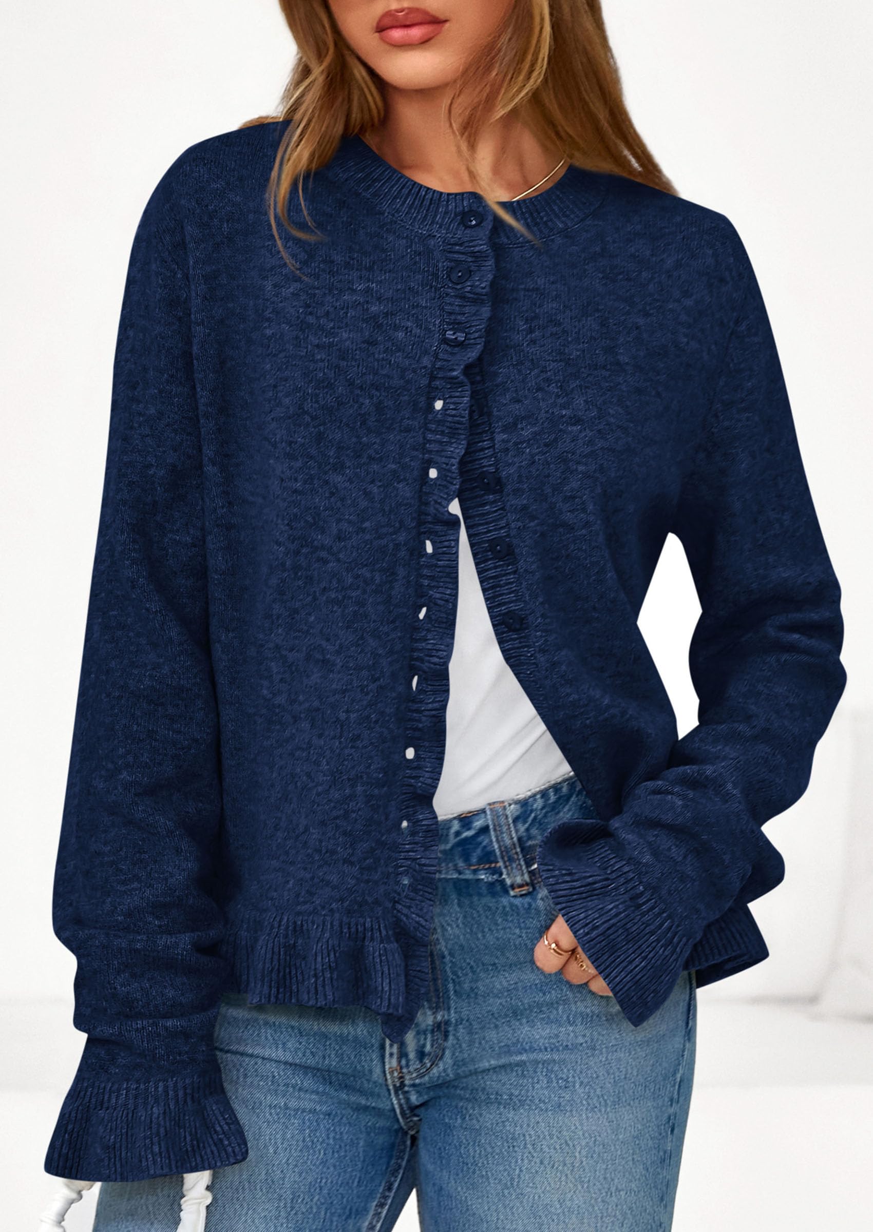 PRETTYGARDEN Womens Fall Button Down Cardigans Chunky Knit Ruffle Open Front Cropped Cardigan Sweaters Soft Long Sleeve Tops