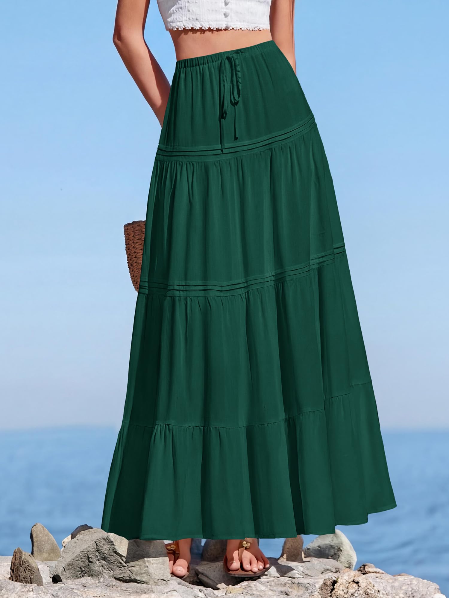 BTFBM Spring Skirts for Women Summer Boho Beach Vacation Clothes Casual Pleated High Waisted Flowy Maxi Skirt