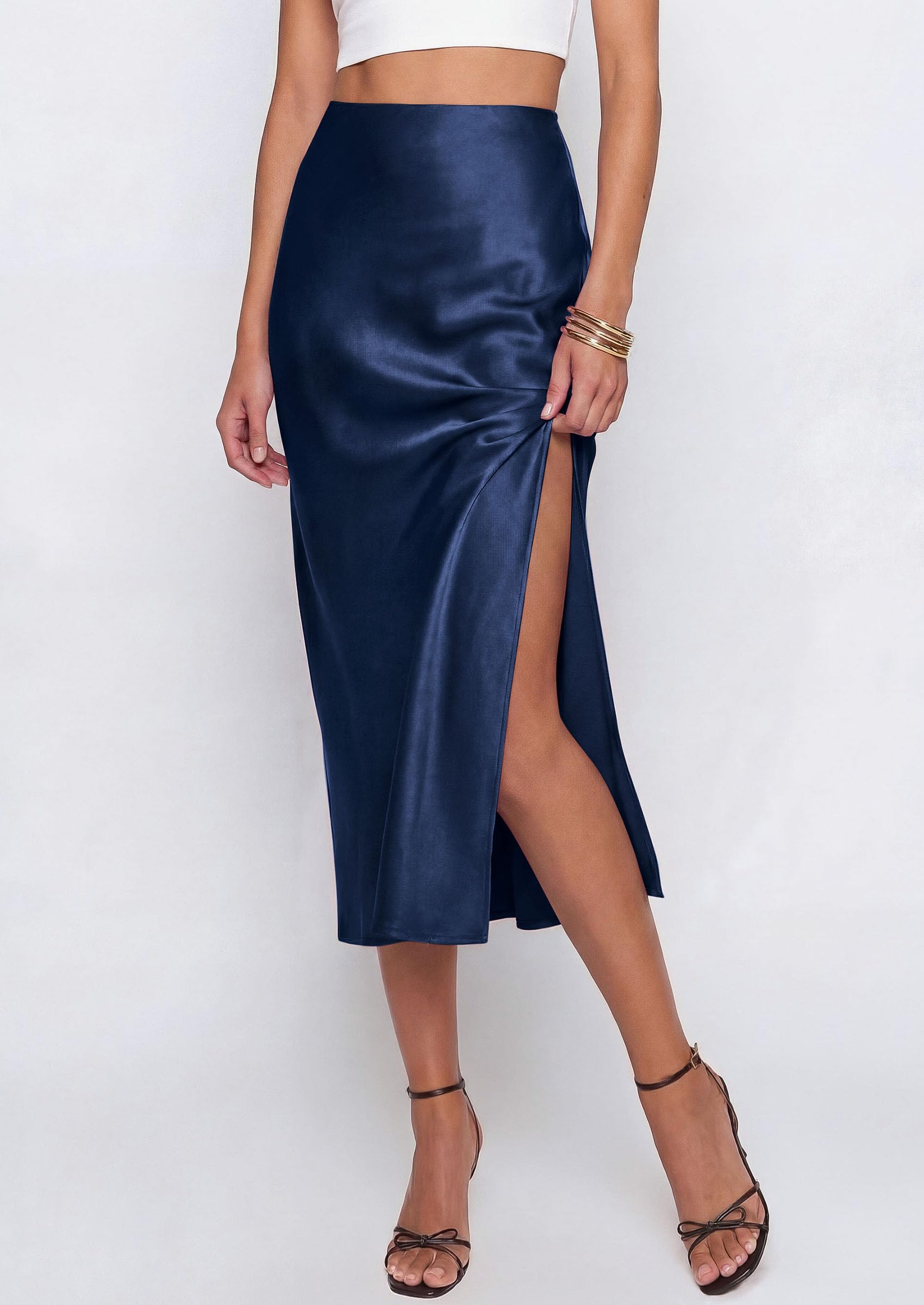 PRETTYGARDEN Womens Satin Skirt Summer Silk Business Casual High Waisted A Line Flowy Work Wedding Cocktail Midi Skirts