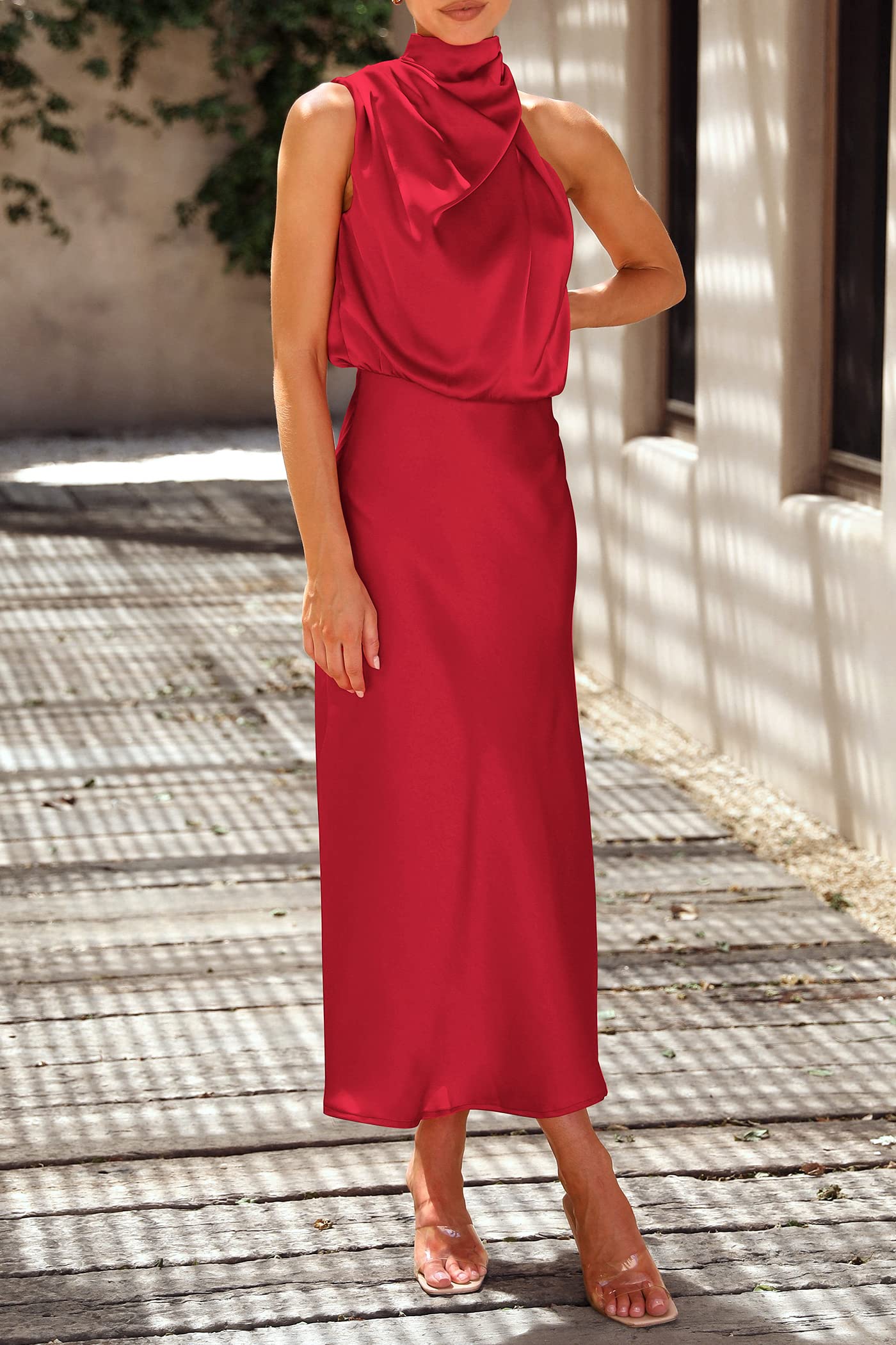 PRETTYGARDEN Women's Summer Satin Dress Elegant Sleeveless Mock Neck Cocktail Party Maxi Dresses
