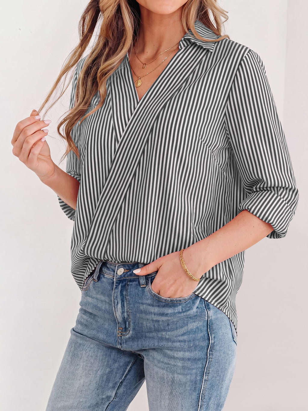 FreshPretty Striped Fall Outfits V Neck Dressy Women Tops Cute Clothes,Trendy Womens T Shirts,Long Sleeve Working Collar Business Casual Fashion Clothing For Office Work Women's Blouses
