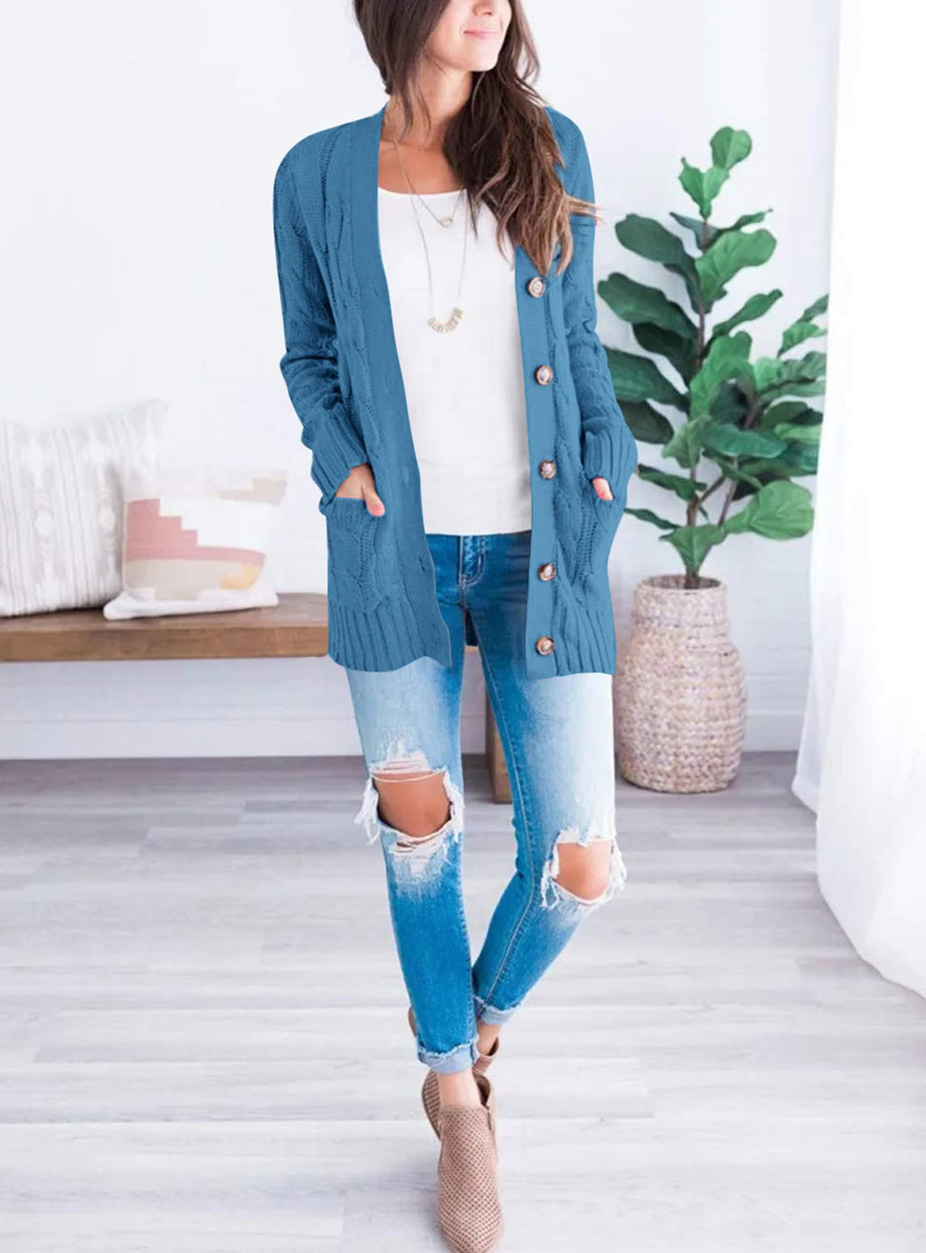 PRETTYGARDEN Women's Open Front Cardigan Sweaters Fall Fashion Button Down Cable Knit Chunky Winter Clothing Outerwear Coats