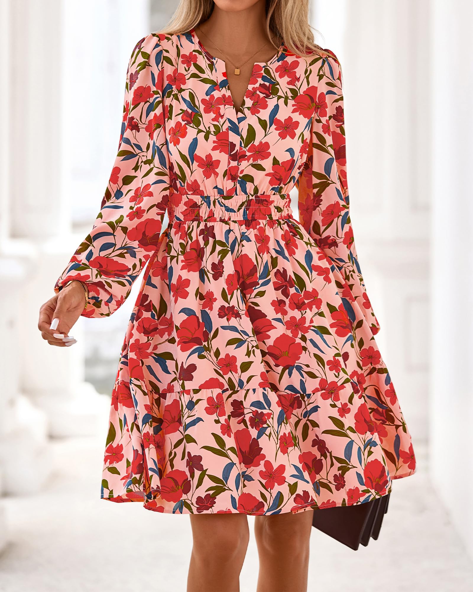 BTFBM Spring Dresses for Women Mini Long Sleeve Elastic Waist Summer Vacation Outfits Floral Wedding Guest Dress