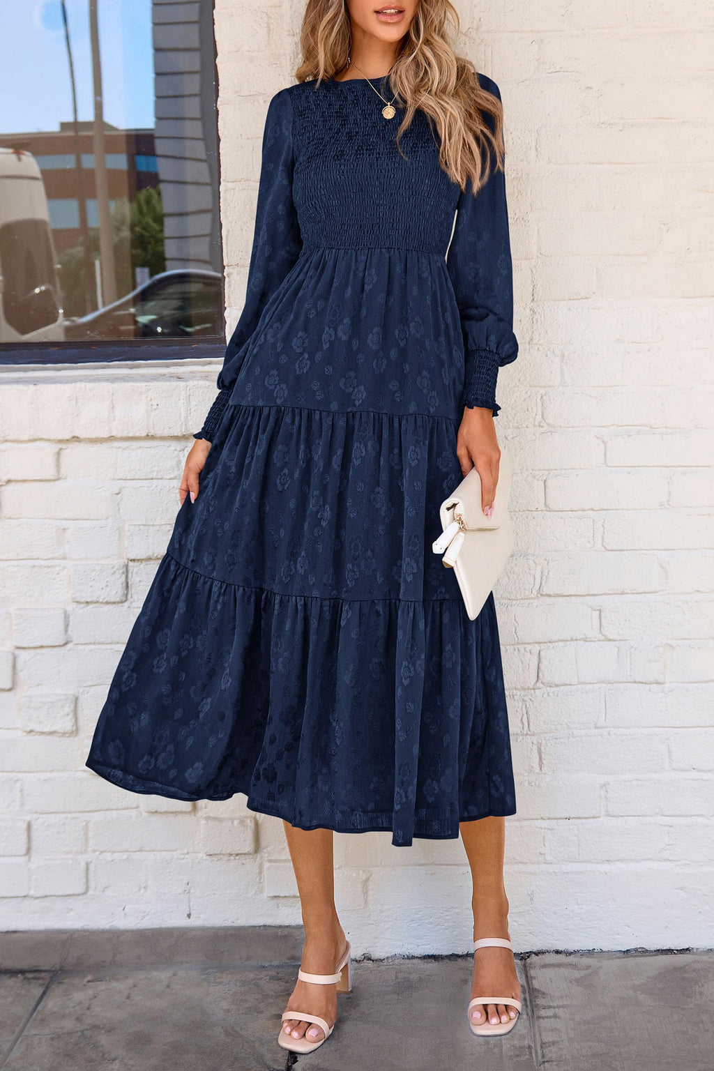 PRETTYGARDEN Women's Fall Spring Midi Dress Long Sleeve Floral Smocked Elegant Wedding Guest Long Flowy Dresses with Pockets