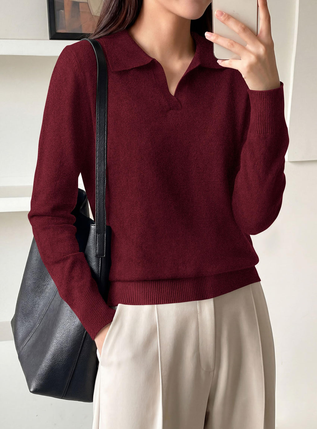PRETTYGARDEN Womens Long Sleeve Collared Polo Sweater | Breathable Soft Ribbed Knit, Lapel V Neck Pullover Sweaters, Business Casual Work Office Tops, 2026 Trendy Fall Outfits