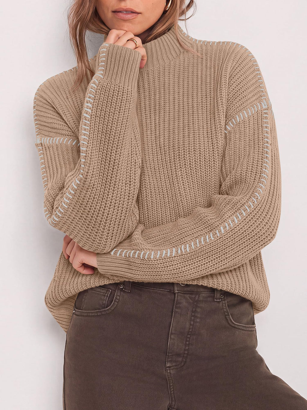 "BTFBM Womens Oversized Sweaters Contrast Chunky Knit Sweater Loose Fit Mock Neck Long Sleeve Tops, Soft Cozy Knitwear, Fall Fashion 2026, Casual Winter Clothing, Daily Going Out Outfits"