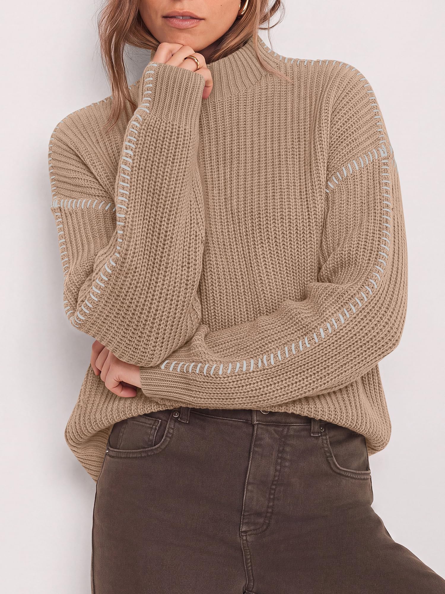 "BTFBM Womens Oversized Sweaters Contrast Chunky Knit Sweater Loose Fit Mock Neck Long Sleeve Tops, Soft Cozy Knitwear, Fall Fashion 2026, Casual Winter Clothing, Daily Going Out Outfits"
