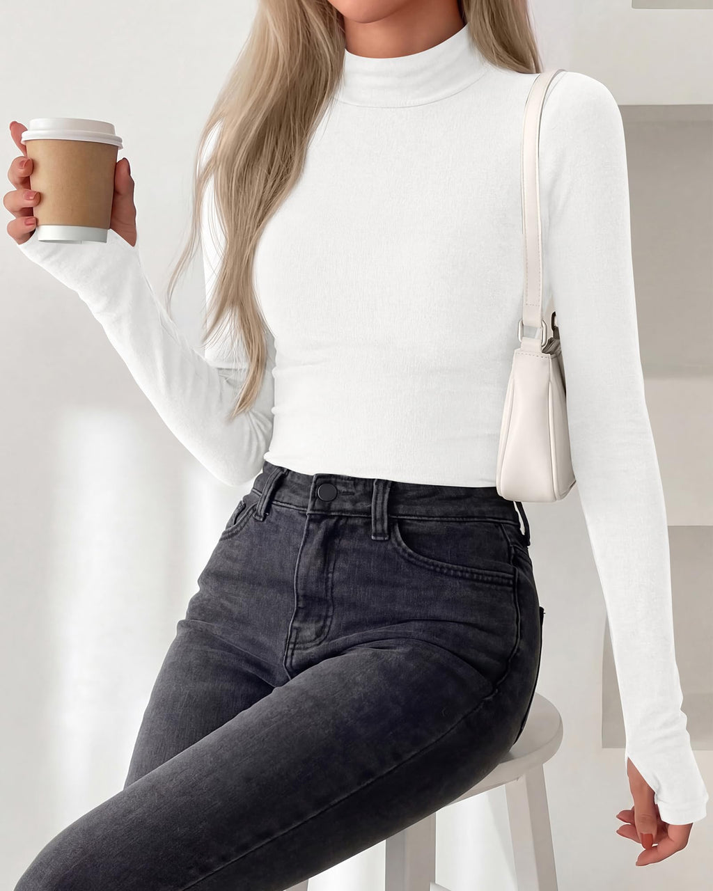 BTFBM Turtleneck Tops for Women Thumbhole Long Sleeve Shirts | Lightweight Fleece Lining, Casual Basic Layering Top, Slim Fit Stretch Winter Thermal Underwear, Fall Fashion Clothing