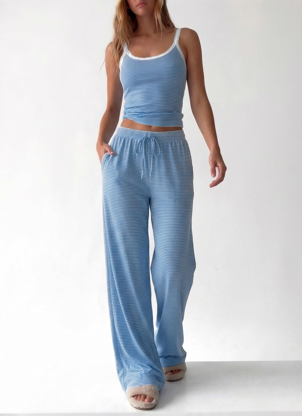 BTFBM Lounge Sets For Women Striped 2 Piece Pajama Sets Spaghetti Strap Tops Wide Leg Pants Beach Vacation Outfits