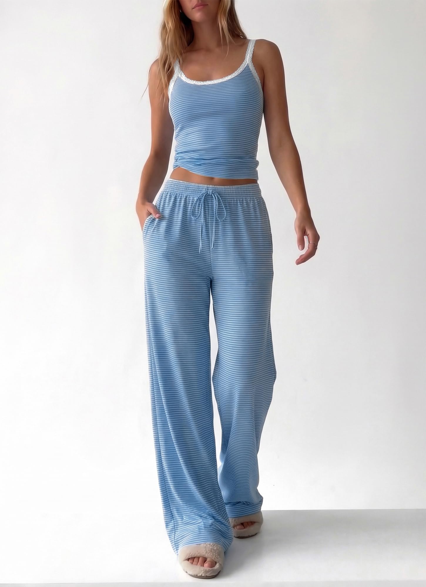 BTFBM Lounge Sets For Women Striped 2 Piece Pajama Sets Spaghetti Strap Tops Wide Leg Pants Beach Vacation Outfits