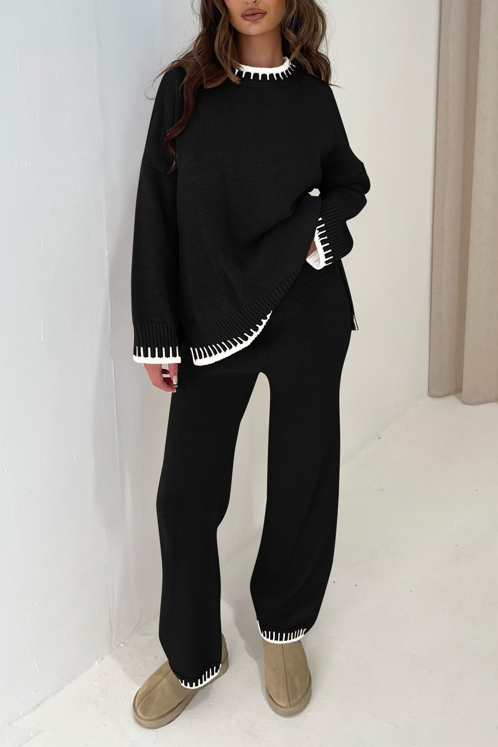 PRETTYGARDEN Women's 2 Piece Knit Sweater Outfit Casual Long Sleeve Pullover Wide Leg Pants Tracksuit Loungewear Set