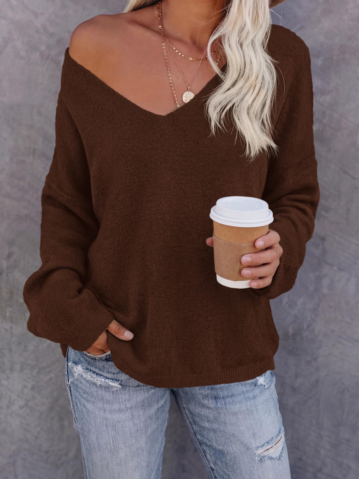 BTFBM Women's Loose Knitted Casual Sweaters | V Neck,Long Sleeve Sweater,Slouchy Pullover Tops,Fall Winter Clothes