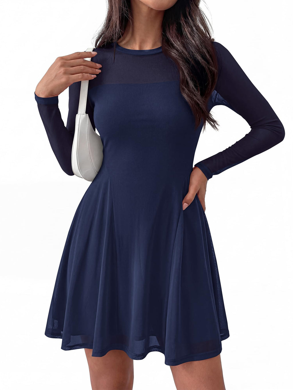 BTFBM Women’s Mini Dress Sheer Mesh Long Sleeve Crew Neck Flowy A Line Casual Cocktail Party Going Out Dresses Fall