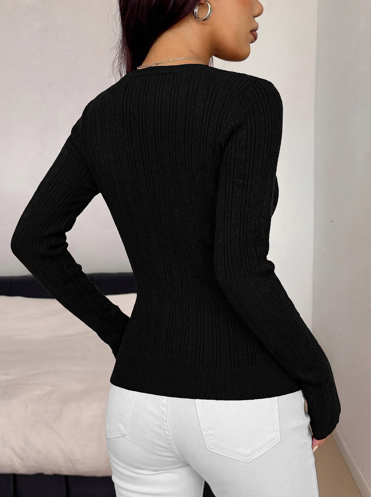 FreshPretty Womens Fitted Lightweight Cardigan Button Sweaters,Slim Fit, Long Sleeve, Eyelet Open Front Cardigans, Ribbed Cuffs & Hem, V Neck Button Down Sweater, Casual Knit Fall Outfits