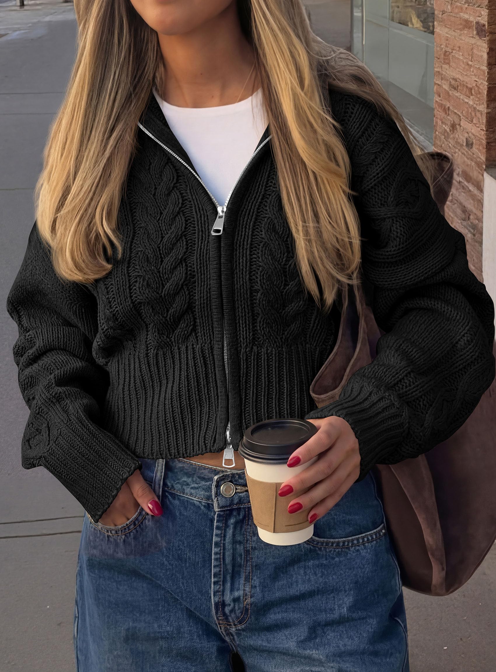 PRETTYGARDEN Women's Cable Knit Cropped Cardigan Sweaters Oversized Sweater, Long Sleeve Zip Up Jacket, Collared Neck, Ribbed Hem, Cozy Soft Casual Wear, Fall Clothes Winter Outerwear