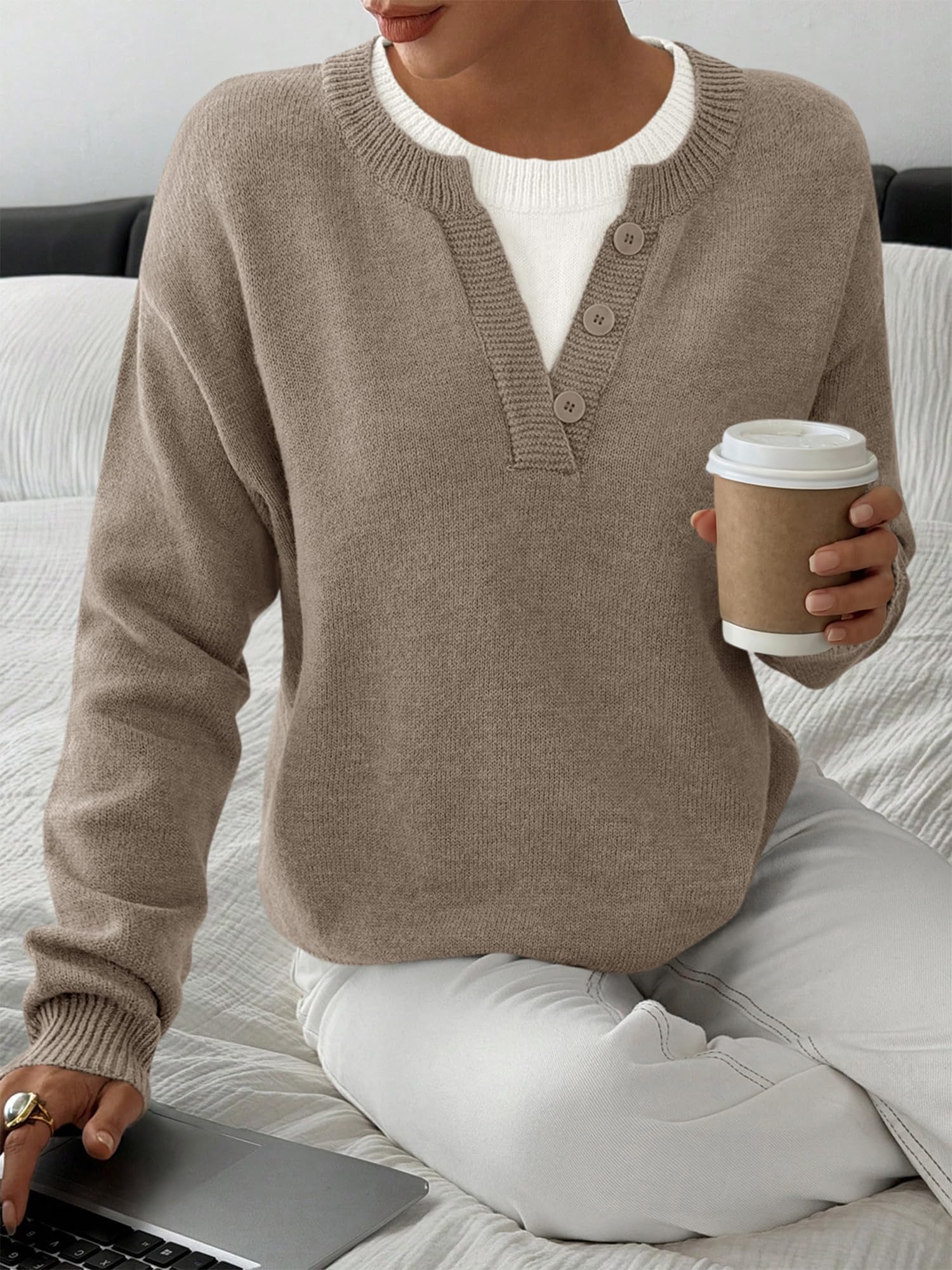 BTFBM Women Long Sleeve Crew Neck Sweaters Tops, 2 in1 Knitted Pullover, Deco Buttons, Oversized, Stretchy, Vacation, Business Casual Outfits, Fall Winter Trendy
