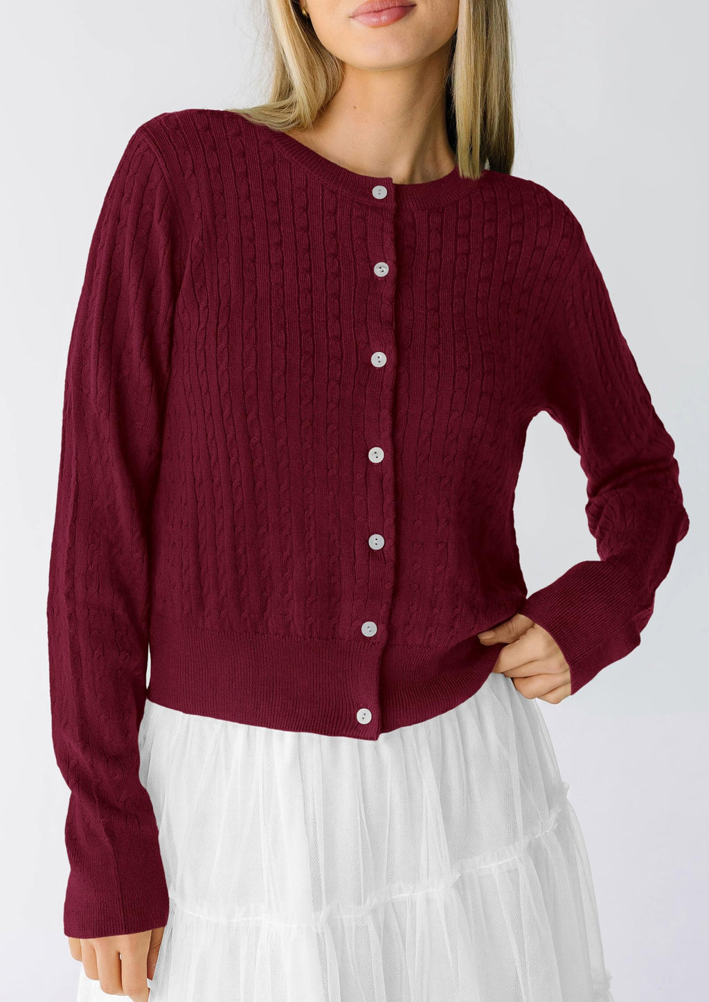 PRETTYGARDEN Women Lightweight Button Up Cardigan Sweaters | Soft Stretchy, Cozy Cable Knit, Long Sleeve Crew Neck, Trendy Cardigans, Cute Casual Outfits, Early Fall Fashion Clothing