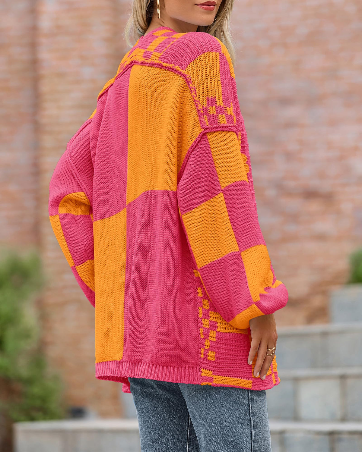 BTFBM Casual Cardigan Sweater for Women Fall Long Sleeve Sweaters Fall Outfits, Loose Fit,Solid,Open Front Chunky Knit Sweaters,Chunky Cardigan Sweaters For Women,Checkered Outwear Coat