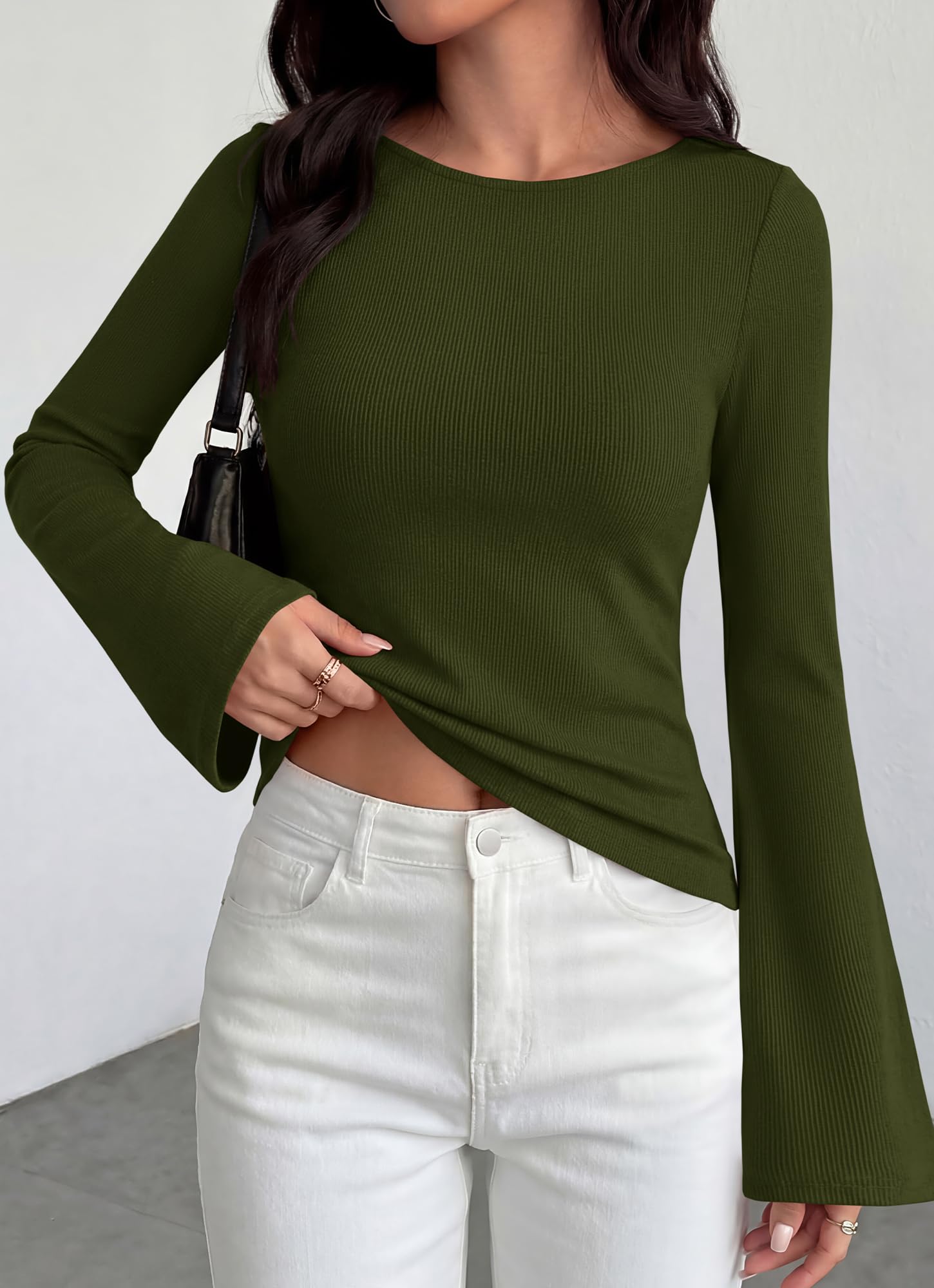 BTFBM Long Sleeve Shirts for Women Spring Y2K Clothes Casual Boat Neck Bell Sleeve Fitted Fall Going Out Tops