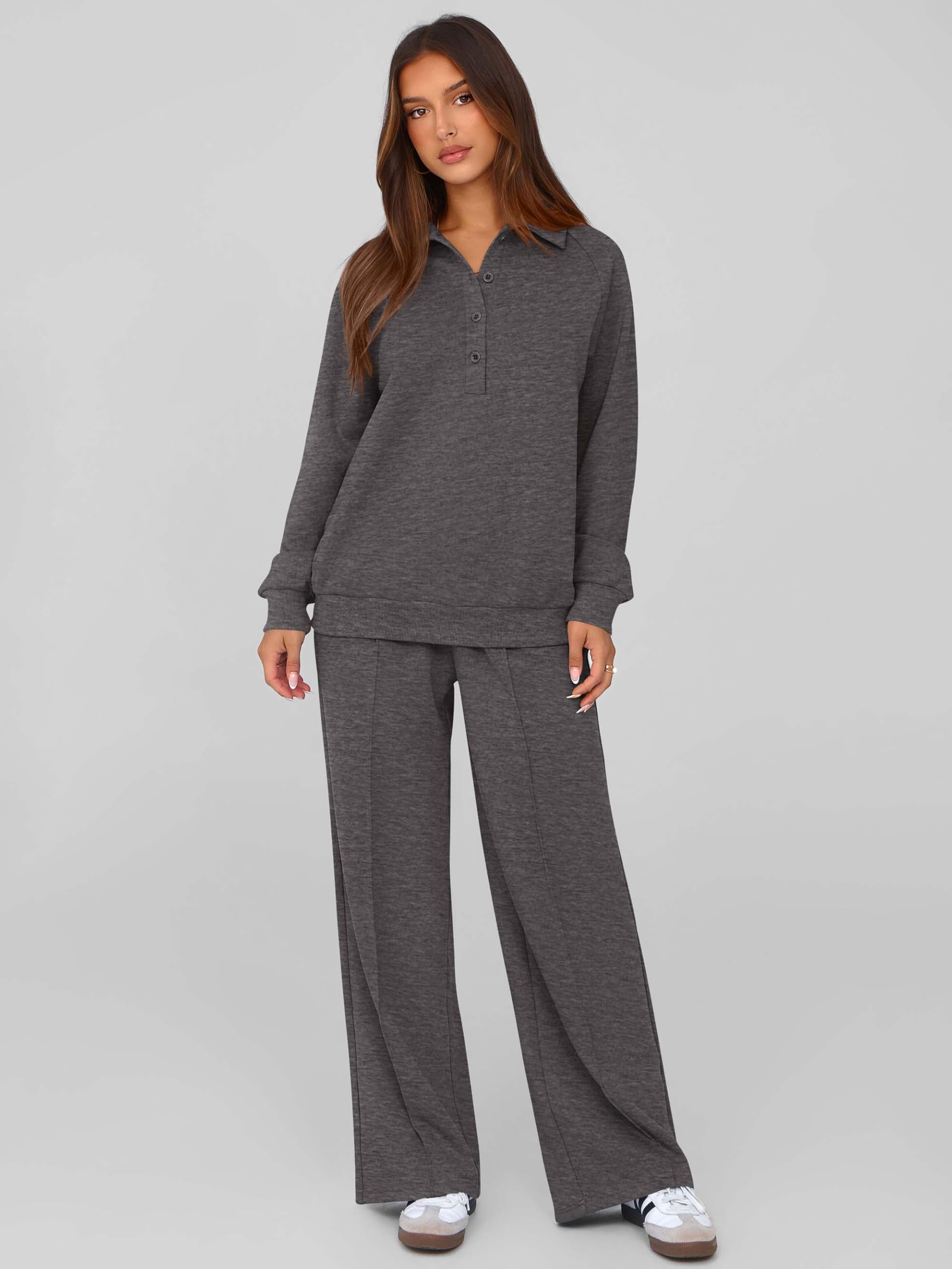 PRETTYGARDEN Women Fall 2 Piece Outfits Sweatsuits Lounge Sets Quarter Button Long Sleeve Sweatshirt, Wide Leg Sweat Pants, Casual 2 Piece Sets Tracksuit, Airport Travel Outfits for Women