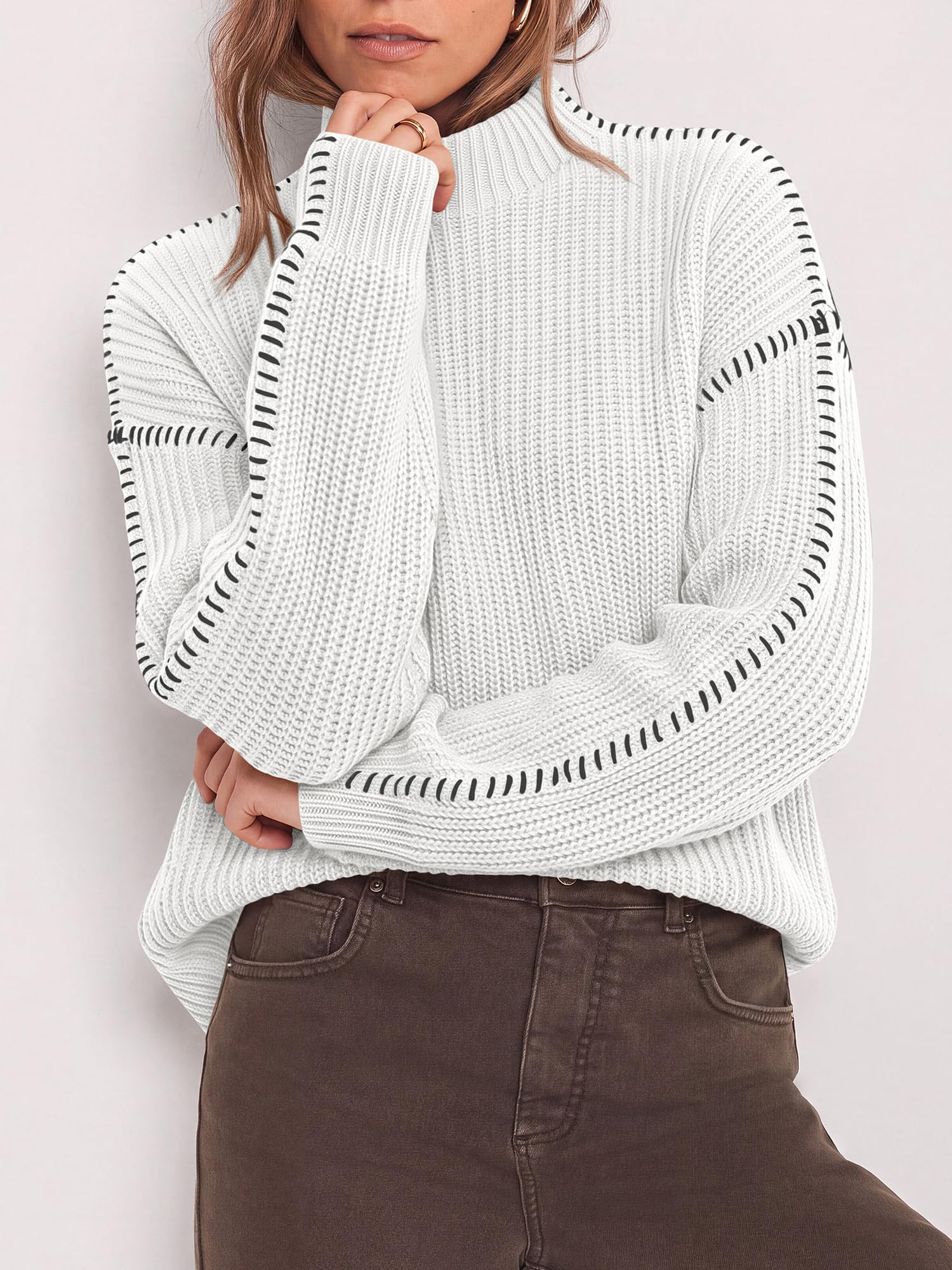"BTFBM Womens Oversized Sweaters Contrast Chunky Knit Sweater Loose Fit Mock Neck Long Sleeve Tops, Soft Cozy Knitwear, Fall Fashion 2026, Casual Winter Clothing, Daily Going Out Outfits"
