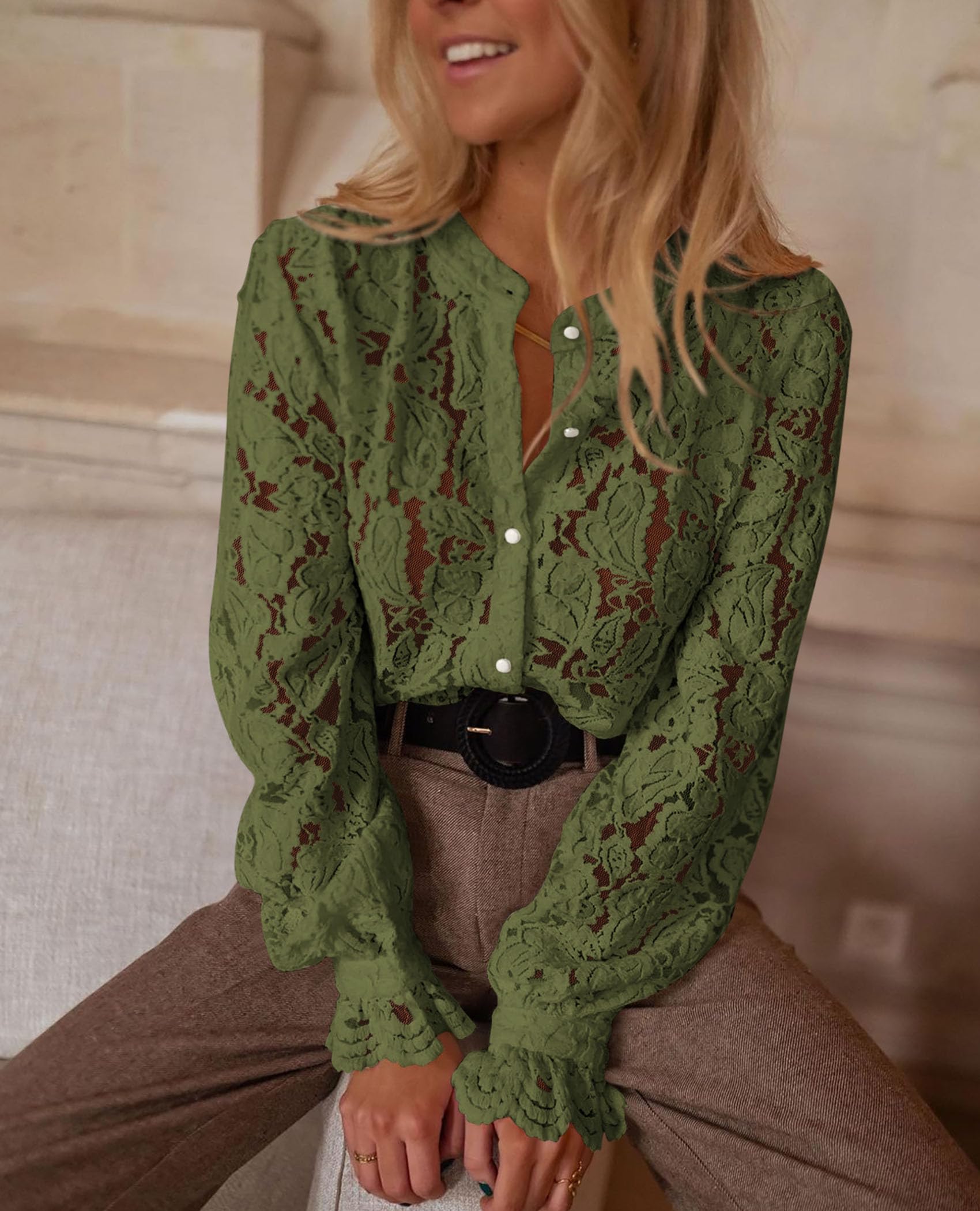 PRETTYGARDEN Women's Dressy Casual Lace Blouse Long Sleeve Button Up Shirts Tops Spring Fall Fashion Clothes