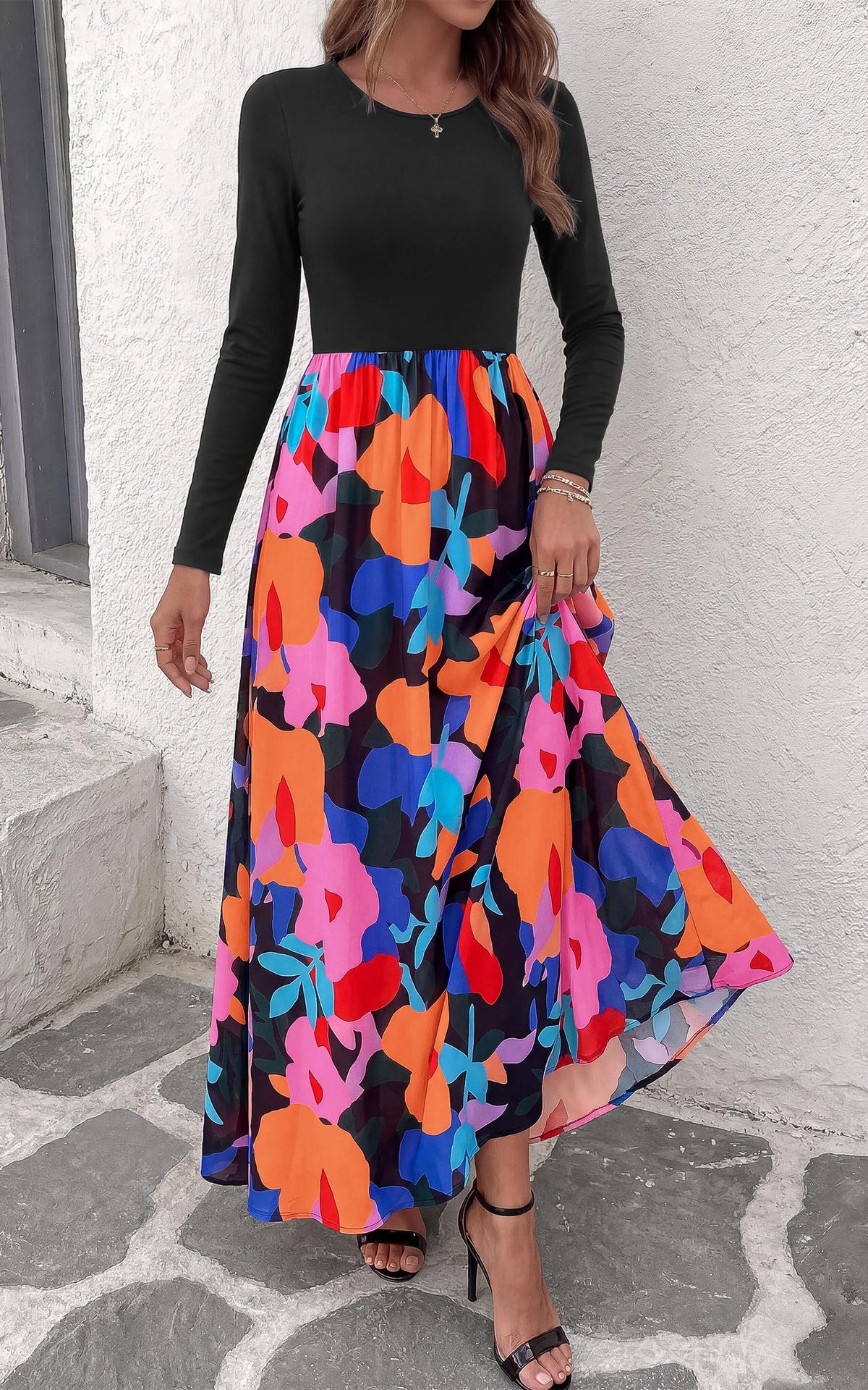 FreshPretty Women's Long Sleeve Boho Floral Flowy Fall Maxi Dress,Wedding Guest Dress,Elegant A Line Swing Bohemian Long Dresses with Pockets,Church Garden Party Resort Cruise Vacation Dress
