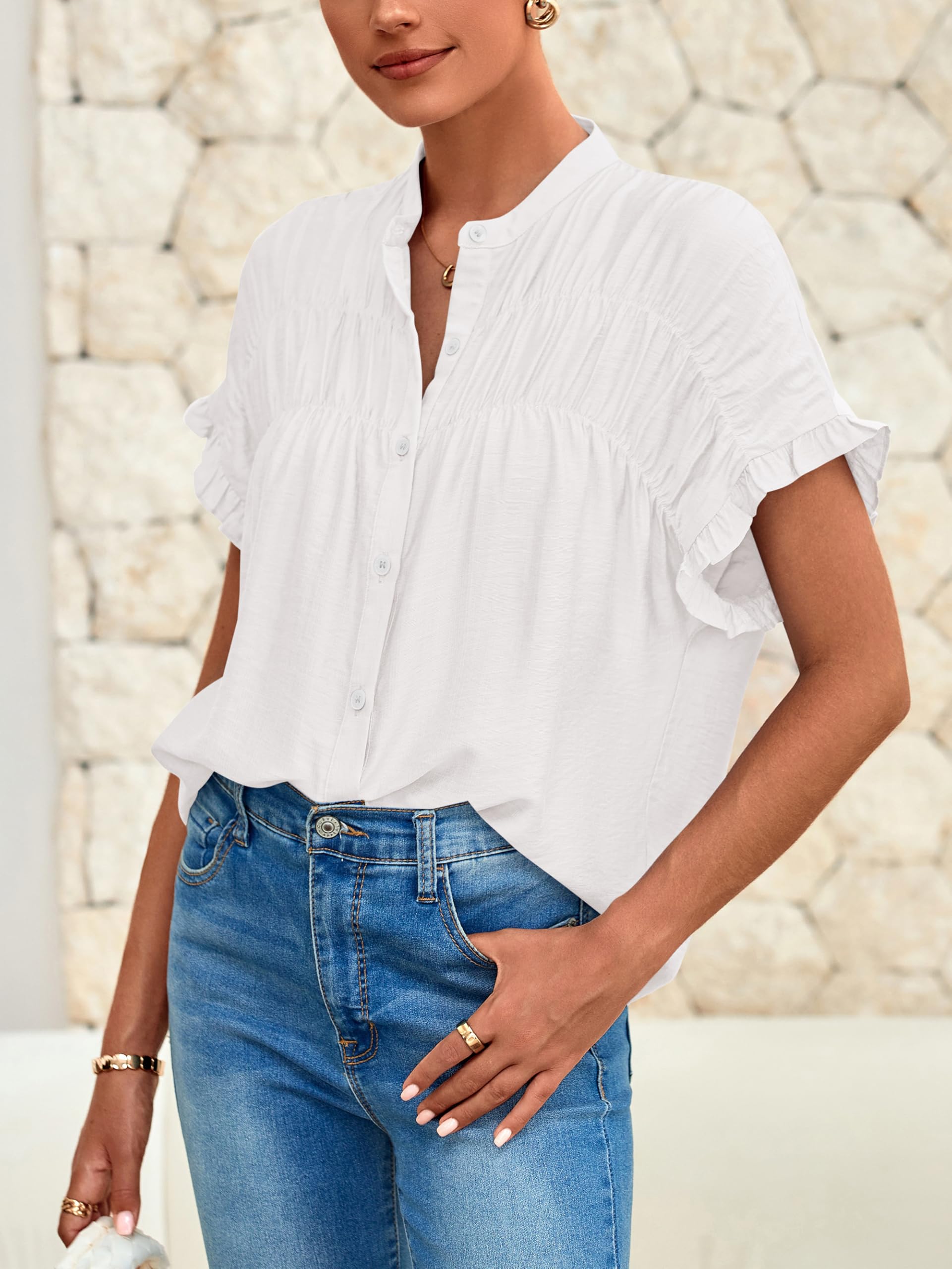 FreshPretty Womens Button Down Shirts Ruffle Short Sleeve Loose Summer Tops Dressy Casual V Neck Business Work Blouses