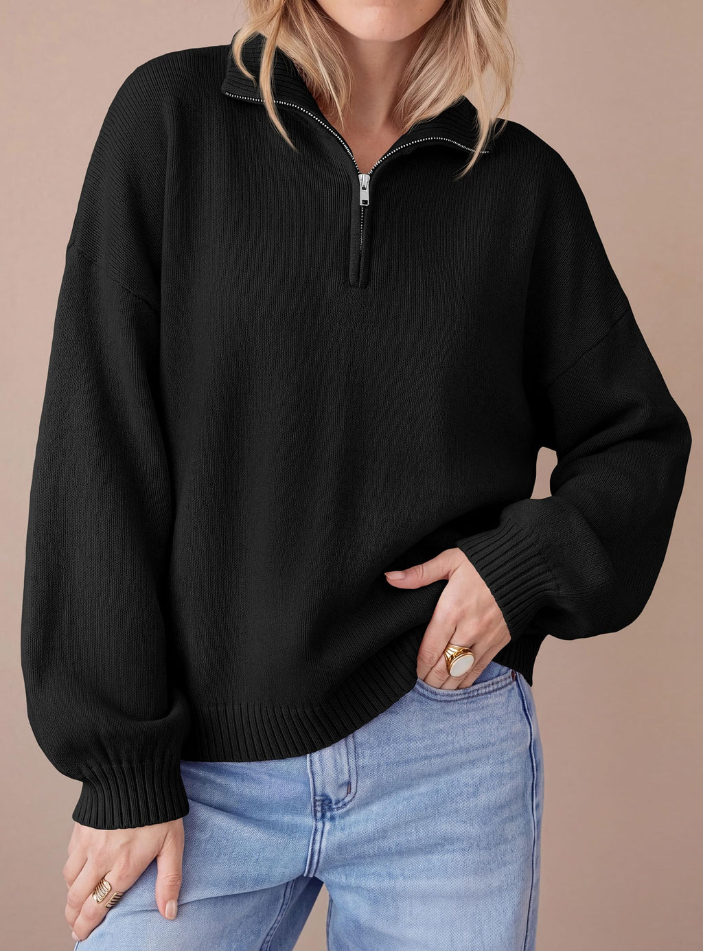 PRETTYGARDEN Women's Quarter Zip Pullover Oversized Sweaters Collared Neck, Long Balloon Sleeve, Jumper Tops, Soft Cozy Knit, Ribbed Hem, Loose Fit, Fall Outfits, Winter Fashion Clothing