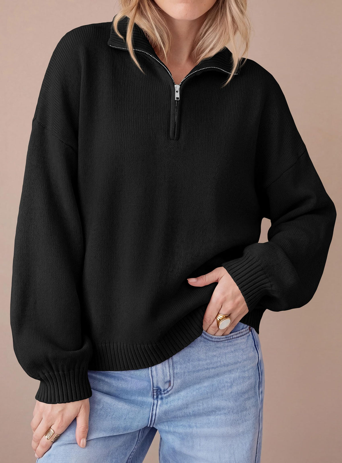 PRETTYGARDEN Women's Quarter Zip Pullover Oversized Sweaters Collared Neck, Long Balloon Sleeve, Jumper Tops, Soft Cozy Knit, Ribbed Hem, Loose Fit, Fall Outfits, Winter Fashion Clothing