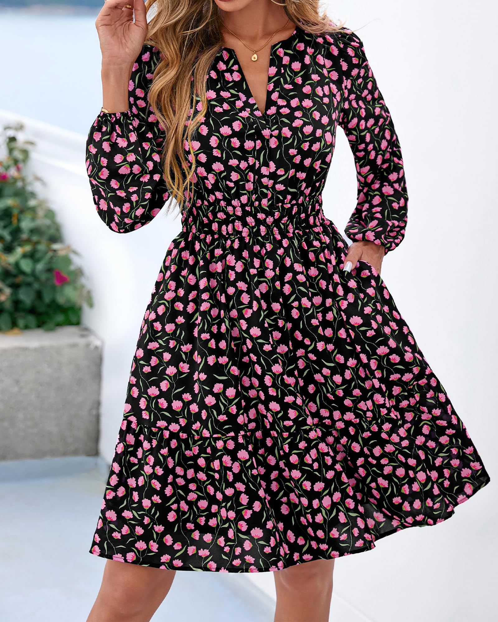 BTFBM Spring Dresses for Women Mini Long Sleeve Elastic Waist Summer Vacation Outfits Floral Wedding Guest Dress