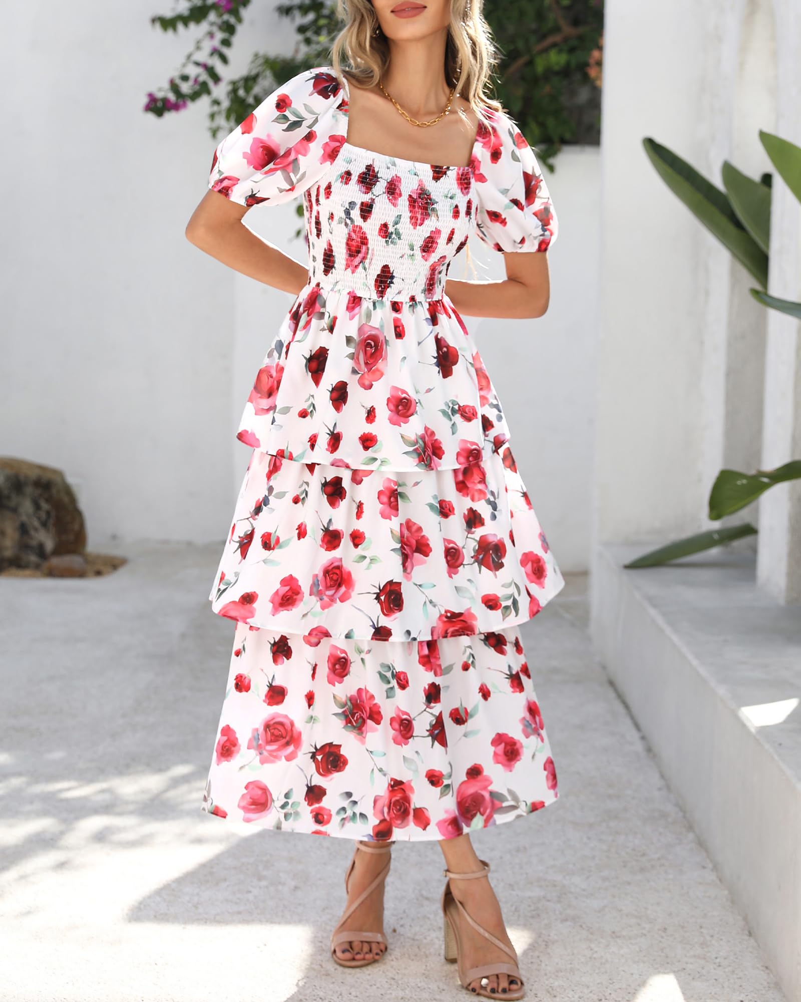 BTFBM Womens Square Neck Smocked Dress Summer Puff Short Sleeve Floral Casual Ruffle Tiered Maxi Wedding Guest Dresses