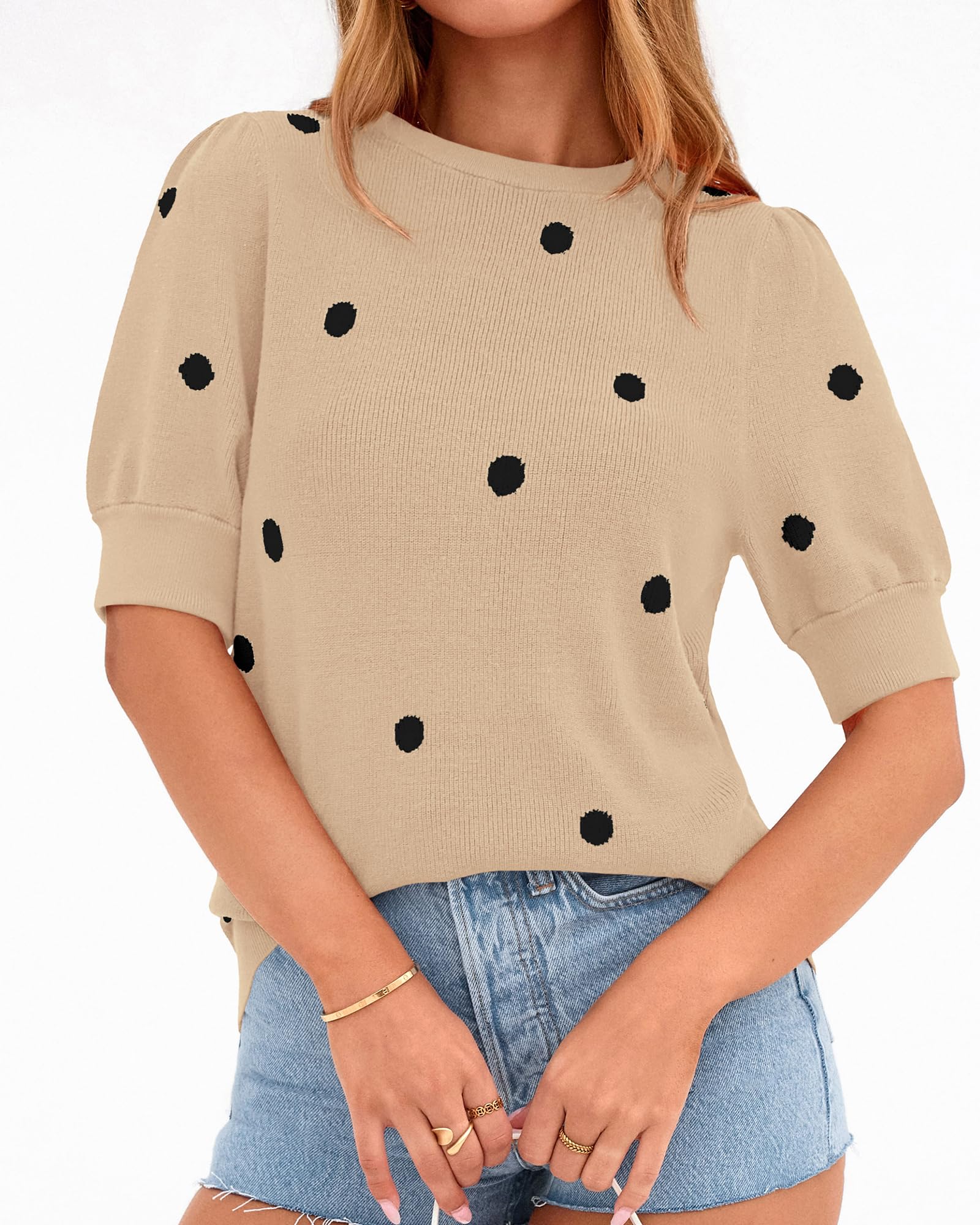 BTFBM Womens Sweaters Polka Dot Short Sleeve Sweater for Women Crew Neck Knit Summer Tops Business Dressy Casual Blouses