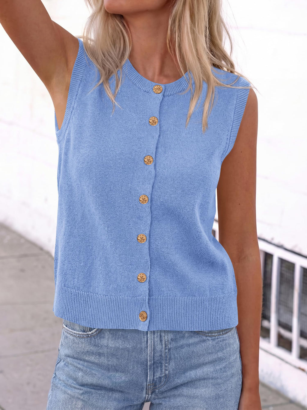 BTFBM Sweater Vest Women Casual Crewneck Loose Button Down Knit Sleeveless Cardigan Spring Clothes Summer Vest Tops