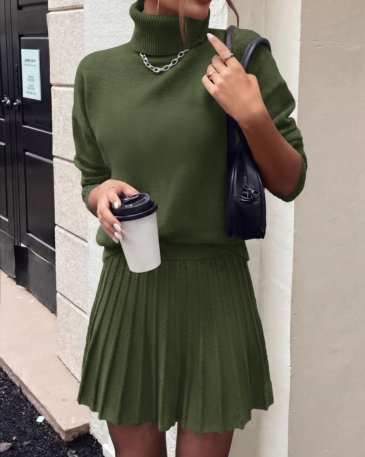 FreshPretty Women Fall 2 Piece Sweater Skirt Sets,Casual Turtleneck Drop Shoulder Pullover Sweaters,Pleated A-Line Mini Skirts,Cute Loose Fit Winter Clothing Vacation Outfits