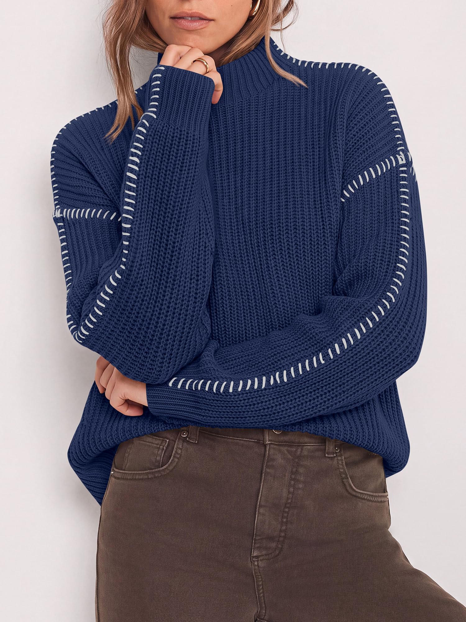 "BTFBM Womens Oversized Sweaters Contrast Chunky Knit Sweater Loose Fit Mock Neck Long Sleeve Tops, Soft Cozy Knitwear, Fall Fashion 2026, Casual Winter Clothing, Daily Going Out Outfits"